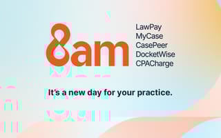 A graphic with an orange and blue background with the 8am logo in the center next to the LawPay, MyCase, CasePeer, DocketWise and CPACharge product names.