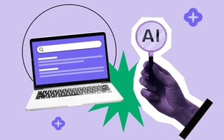 Picture of laptop with hand holding an 'AI' sign, with a light purple background.