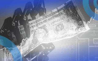 A robotic hand holds a $1 bill