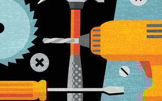A screwdriver, power drill, and other hardware tools on top of a black background.