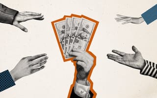 Hands reach for a stack of $100 bills.
