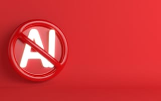 An anti-AI sign is pictured against a red background.