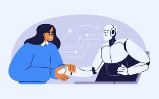 An illustration of a woman shaking hands with a robot, symbolizing the idea of getting acquainted with AI in the workplace