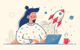 An illustration of a smiling woman engineer working on her laptop while a rocket shoots out of it, symbolizing the idea of generating innovative ideas