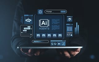 A pair of hands hold out a tablet device with an illustration hovering over the screen that features the words "Ai AGENTS"
