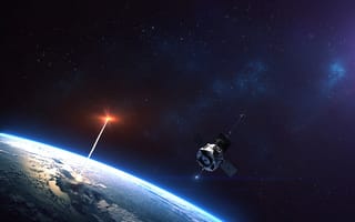 A glowing red object bursts out of the Earth's atmosphere and into space.