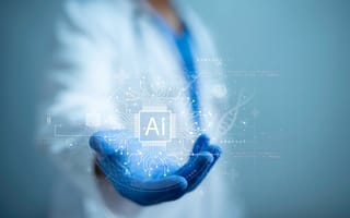 A person in a white lab coat and blue gloves holds out their hand, displaying a glowing digital graphic of a microchip labeled “AI.” Circuit-like lines radiate outward, surrounded by icons of healthcare and technology, symbolizing the use of artificial in
