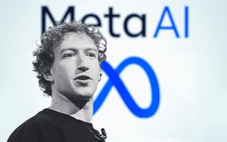 Mark Zuckerberg with the Meta AI company logo in the background.