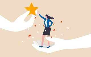 An illustration of a giant hand holding up a businesswoman as she reaches for a giant gold star being held by another hand, symbolizing the idea of rewarding an employee for their achievements