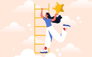 An illustration of a smiling woman climbing a ladder while holding a giant star in one hand, symbolizing the idea of achieving career goals