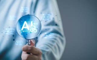 A hand holds up a microscope featuring an illustration with the letters "AI" in the center to represent AI search.