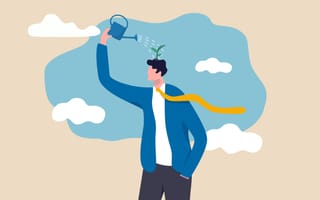 An illustration of a businessman watering a plant growing on his head, symbolizing the idea of cultivating knowledge