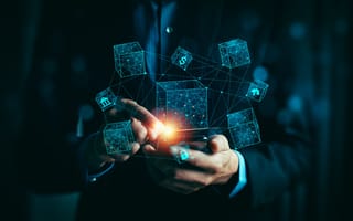 A person in a suit interacts with a digital blockchain network, featuring floating cubes, currency symbols, and nodes, conveying innovation and technology.