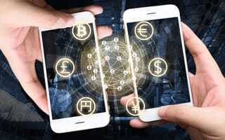 Two hands holding smartphones display symbols for Bitcoin, Euro, Dollar, Pound, Yen, and Yen. A glowing network connects them, suggesting global finance and technology.