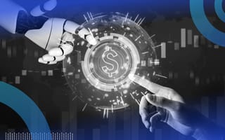 Human and robot hand grasping money to represent AI funding