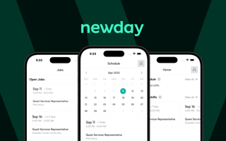 AI Company WorkWhile Launches New Workforce Management Tool Three smartphone screens display a scheduling app with job listings and calendar features. The word "newday" appears above, set against a dark green background.