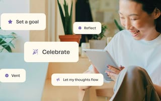 A photo of a client interacting with her tablet, with call-outs to “Set a goal,” “Celebrate,” “Reflect,” “Vent,” and “Let my thoughts flow” overlaid.