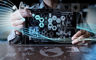 Two hands hold a tablet device overlaid by health-realted digital icons.