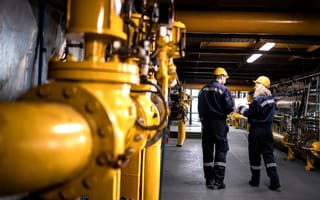 Oil and gas workers wearing jumpsuits and yellow hard hats in an industrial environment are pictured..