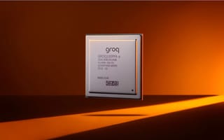 An illustration of a computer chip featuring the name "groq" hovers in front of an orange background.