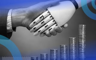 Robot and human hand shaking hand over stacks of money