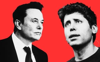 Elon Musk and Sam Altman are pictured facing each other against a red background.
