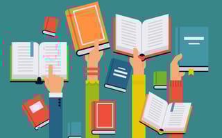 An illustration of hands pointing to text on textbooks and raising textbooks in the air, symbolizing the idea of prioritizing learning