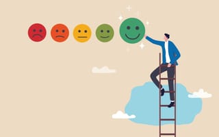 An illustration of a businessman climbing a ladder into the sky while reaching his hand out to touch a green smiley face, which is lined up in a row of less enthusiastic multicolored faces, symbolizing the idea of achieving a positive customer experience