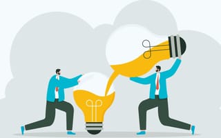 An illustration of a businessman pouring liquid from a giant lightbulb into another giant lightbulb that’s being upheld by another businessman, symbolizing the concept of knowledge-sharin