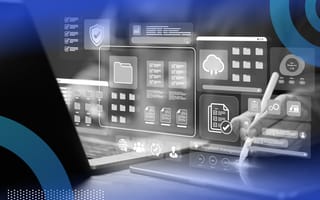 Person working on an ERP system with interface overlay