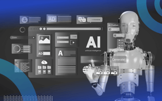 A humanoid robot works with digital tools