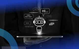 A digital robot greets the viewer above a tablet computer