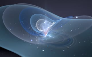 A surreal digital artwork of swirling translucent blue and white waves and particles on a dark background, evoking a sense of cosmic fluidity and wonder.