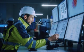 A construction worker wearing a white helmet and high-visibility jacket focuses intently on multiple computer screens displaying complex data and graphs.