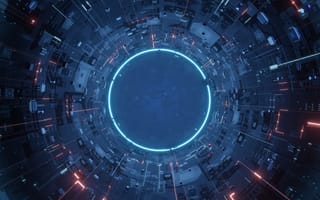 Futuristic scene with a glowing blue ring at the center, surrounded by complex circuitry and red highlights, creating a high-tech, sci-fi ambiance.