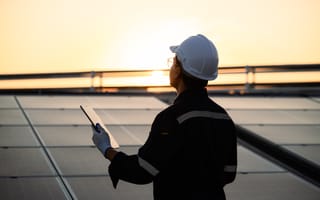 A worker in a hard hat examines solar panels at sunset, holding a tablet. The scene conveys progress and sustainability in renewable energy.