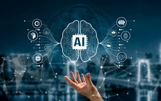 A digital brain labeled "AI" hovers over a blurred cityscape with icons representing technology and ideas. A hand reaches up, conveying innovation.