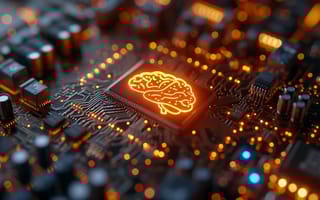A close-up shot of a computer chip with the image of a human brain etched onto its surface.