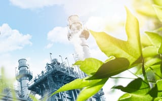 An industrial plant overlaid by bright green leaves.