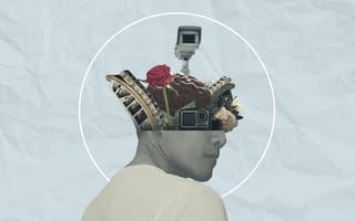 Image of a man with various machine parts and cameras coming out of his head.