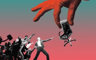 A giant, red-tinted hand picks up a black-and-white chair, with black-and-white office workers reaching for it.