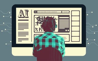 An employee sits in front of a computer screen with AI-generated workslop.