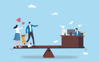 An illustration of a giant balance with a family standing on one end and a businessman working on the other end, symbolizing the idea of work-life balance