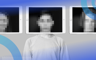 A torso below three screens showing computer-generated faces