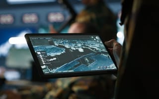 Images of outdoor terrain are displayed on a tablet device being held by a person in a military uniform to represent defense intelligence.