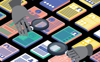 ChatGPT Is Redefining Employer Branding. Here’s What You Can Do About It. An illustration of two robotic hands with magnifying glasses scanning over a grid of colorful resumes, symbolizing AI in talent acquisition.