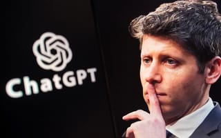 Sam Altman holds a finger up to his mouth, with a ChatGPT logo in the background.