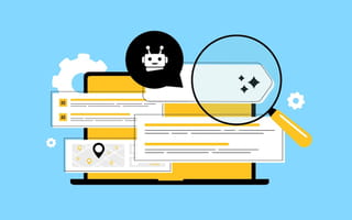 You’ve Heard About AI Search Engines, But What About Search Engines for AI? White-pop windows are overlayed on top of a yellow laptop screen, with a light-blue background.