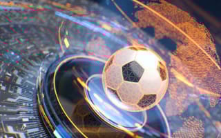 A digital football floats in a futuristic space with glowing orange and blue circuits, emitting a high-tech, dynamic energy.