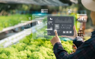 A person uses a transparent digital tablet with agricultural data overlays in a lush greenhouse, conveying a futuristic and innovative farming approach.